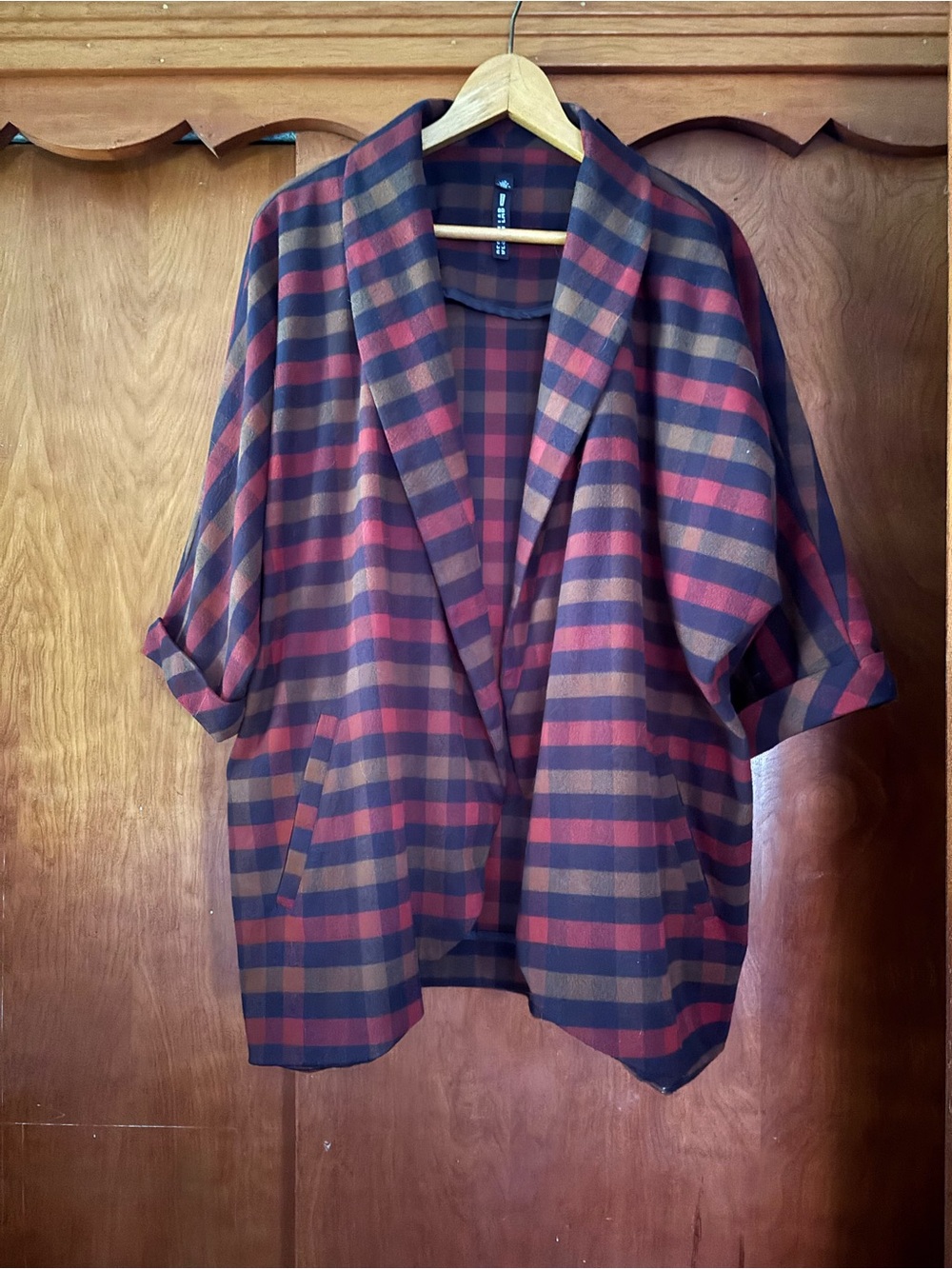 Design Lab Lord & Taylor Rust and Navy Plaid Open-Front Cape Jacket